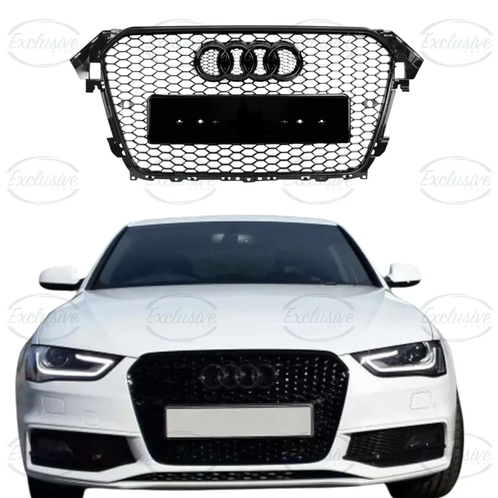 Audi A4 B8.5 (2013-2016) - Gloss Black RS4 Honeycomb Style Grille & Fog Lights