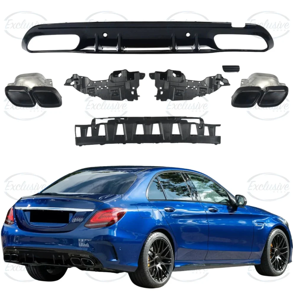 Mercedes C Class W205 Saloon AMG Line gloss black C63-style rear diffuser with exhaust tips