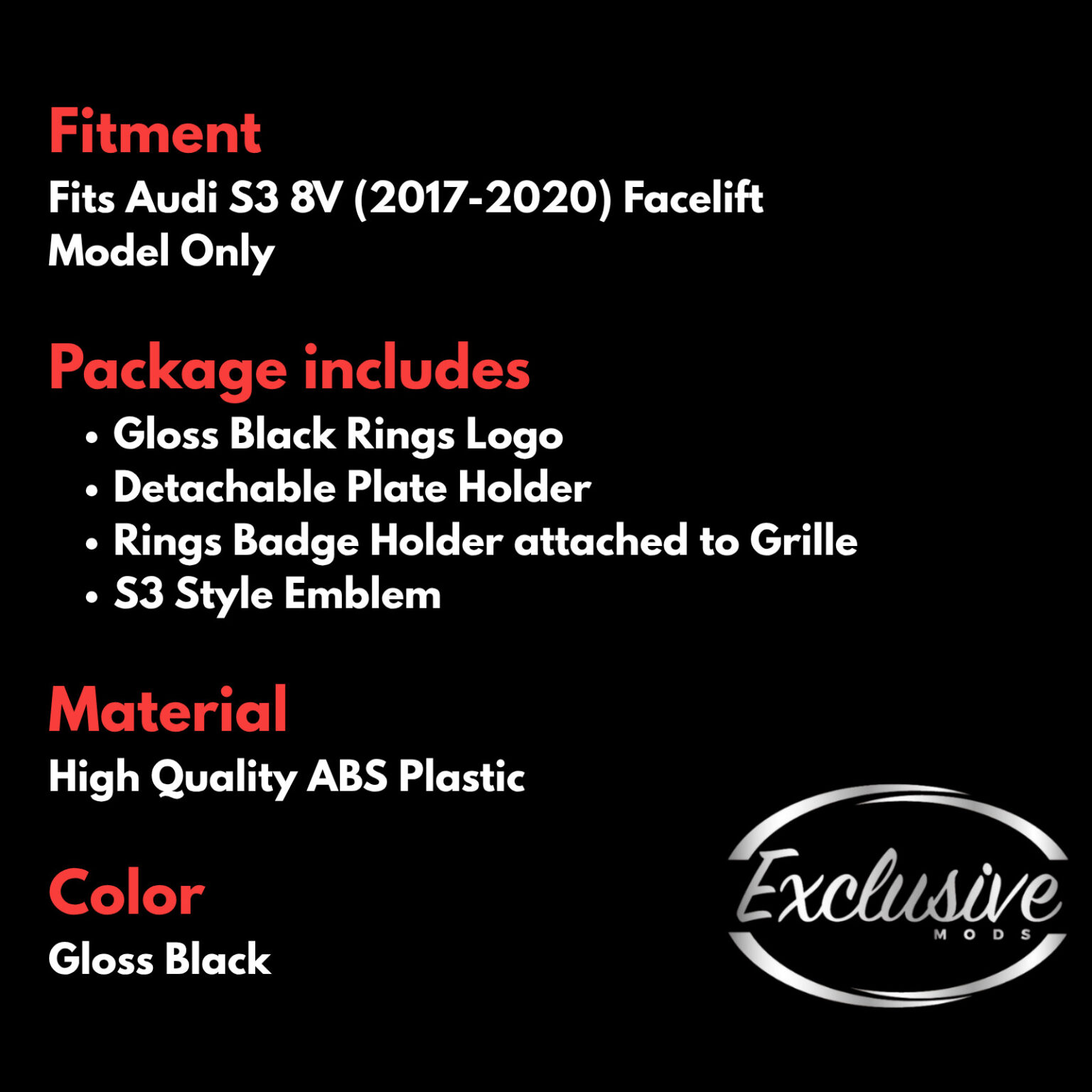 Gloss Black Original Style Grille - Fits Audi A3/S3 8V Facelift (2016-2020)