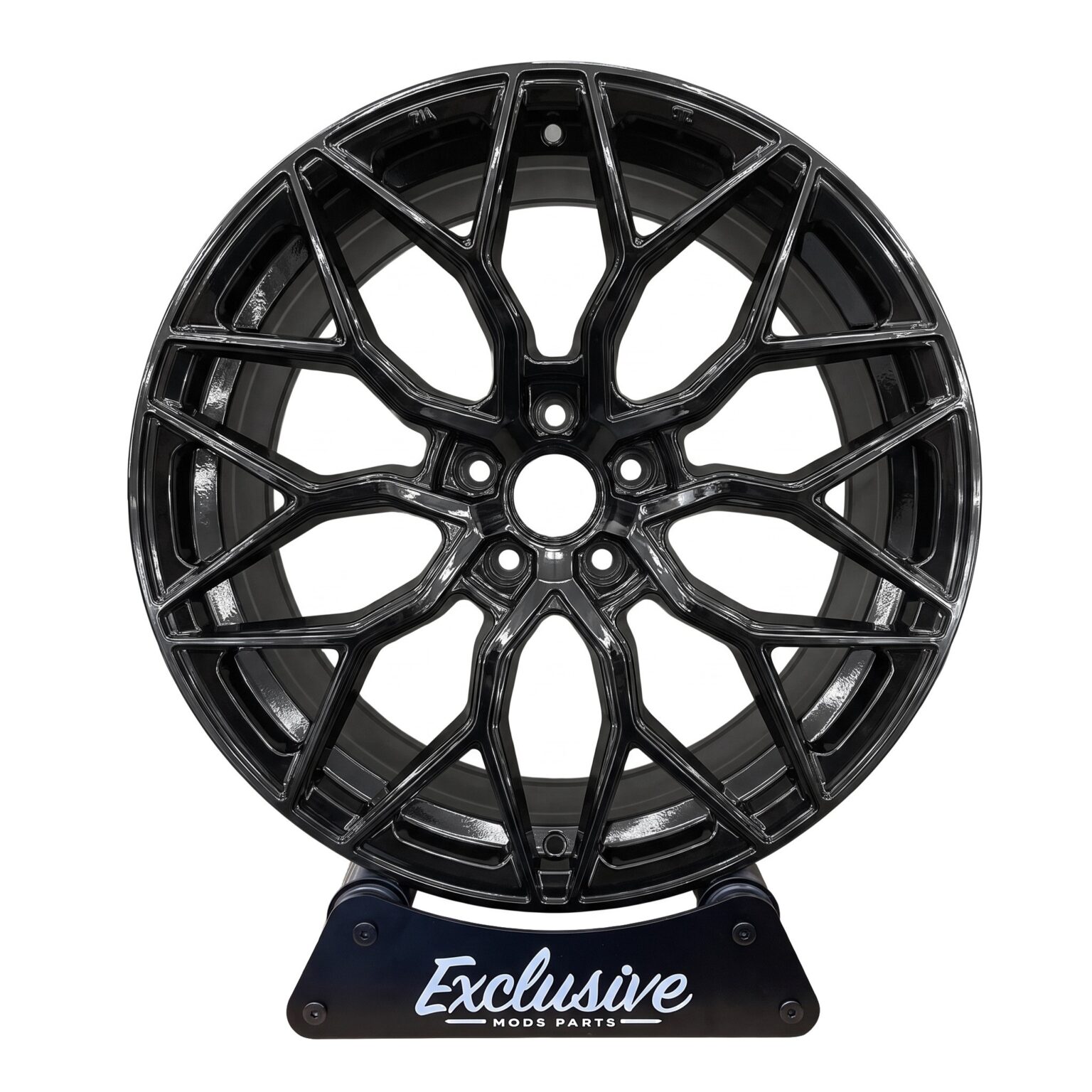 Vossen style alloy wheel in gloss black on the Exclusive Mods Parts display stand, front view