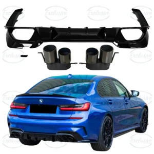 BMW 3 Series G20/G21 M Sport (2019+) ÔÇö Gloss Black Competition Style Rear Diffuser & Quad Exhaust