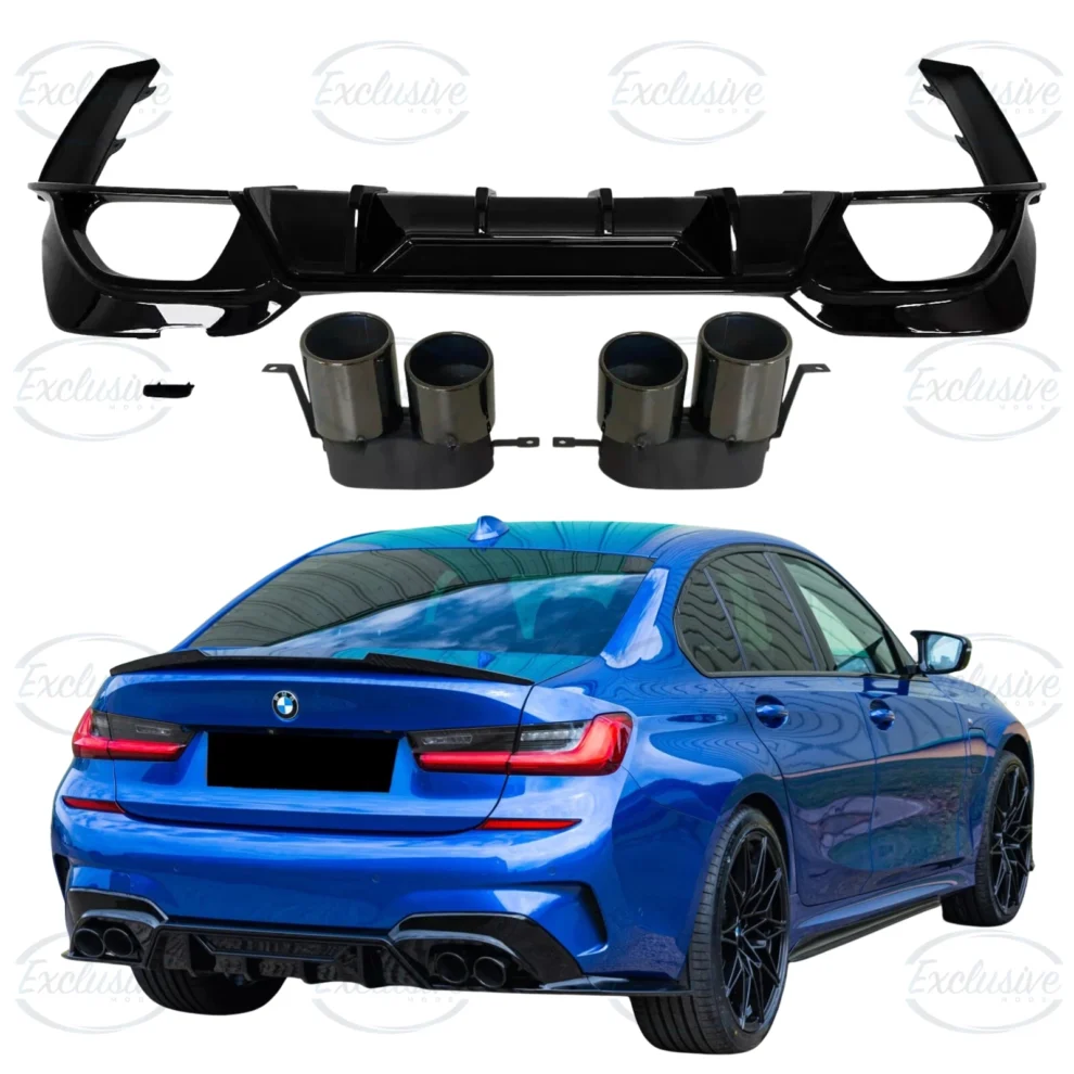 BMW 3 Series G20 G21 M Sport gloss black Competition-style rear diffuser with quad exhaust