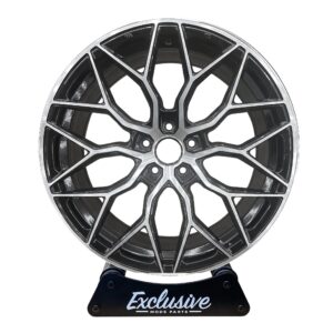 BMF style alloy wheel in gloss black with a diamond cut face on the Exclusive Mods Parts display stand, front view
