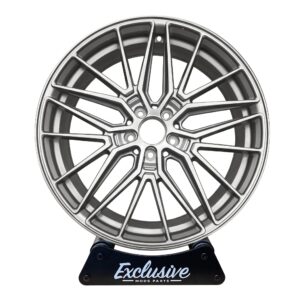 Multi-spoke style alloy wheel in satin grey on the Exclusive Mods Parts display stand, front view