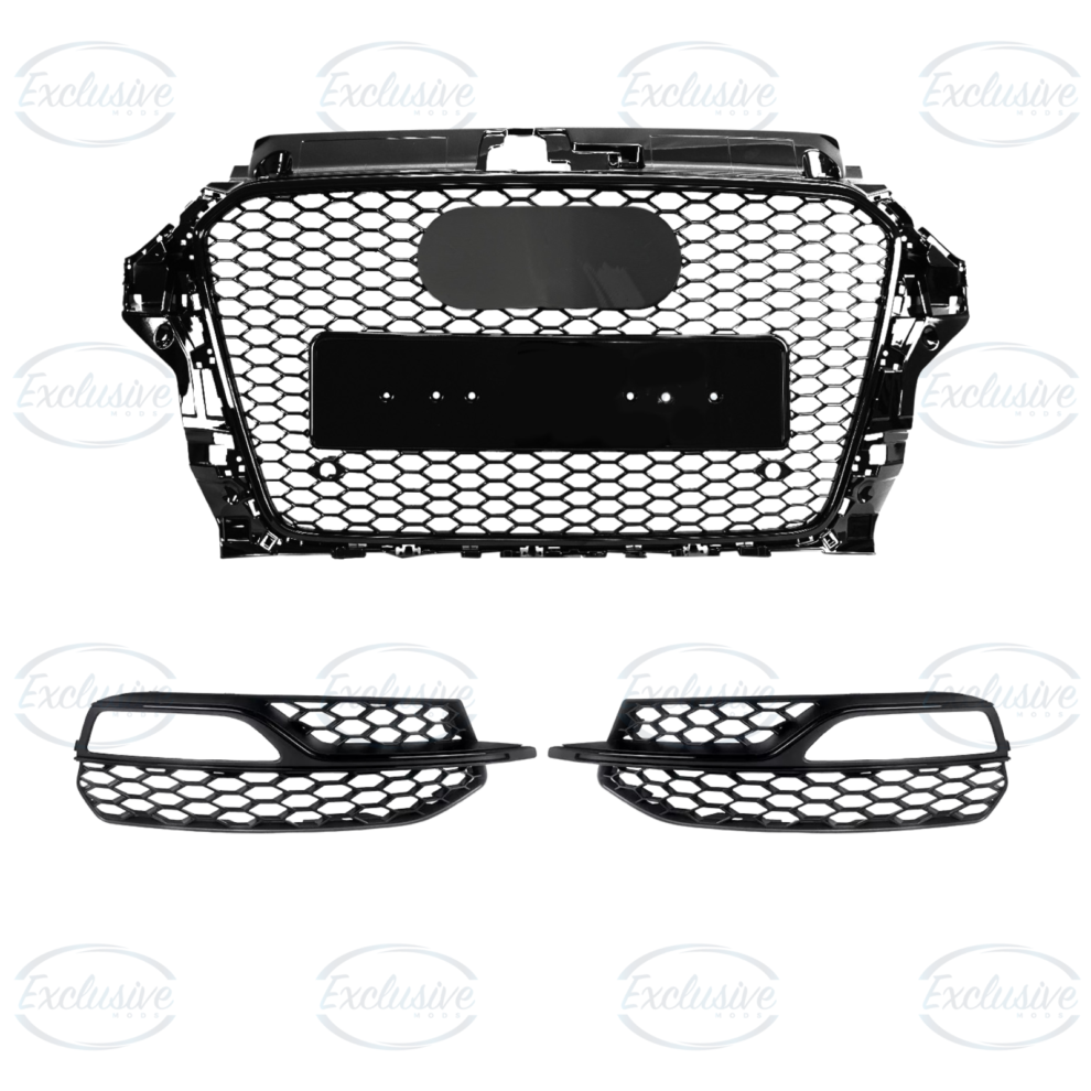 Audi A3 and S3 8V S-Line gloss black honeycomb-style grille and fog lights