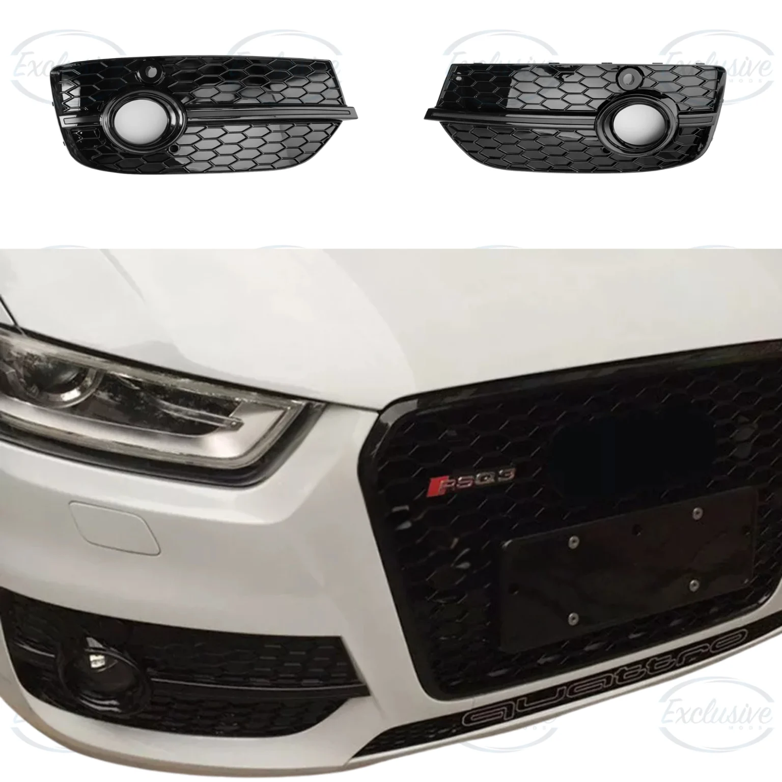 Audi Q3 8U gloss black honeycomb RSQ3-style fog light cover pair