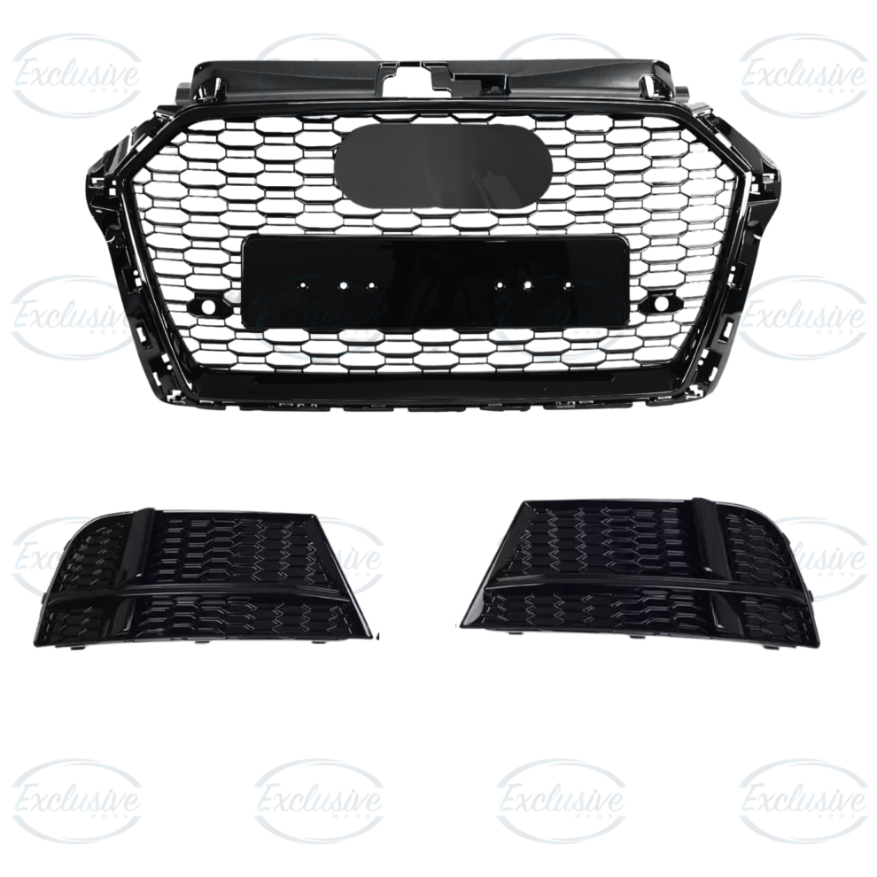 Audi A3 8V S-Line gloss black honeycomb-style grille and fog lights
