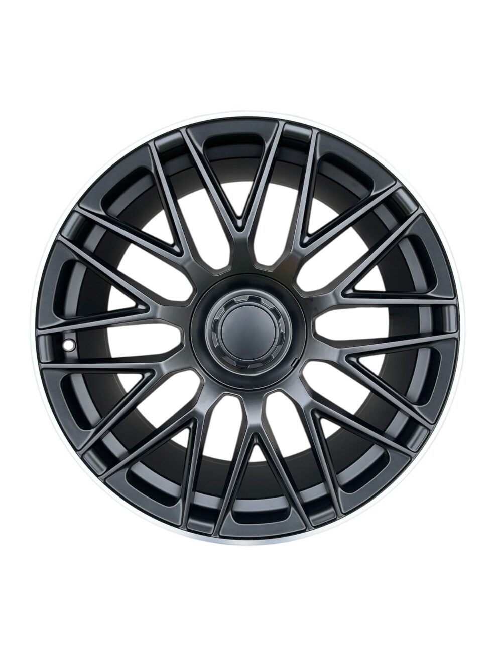 C63 AMG 10-Spoke Style alloy wheel in satin black with a machined silver lip, front view
