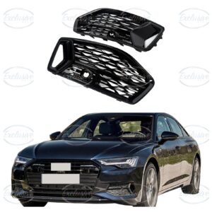 Gloss black honeycomb fog light covers for the Audi A6 C8, shown with the car