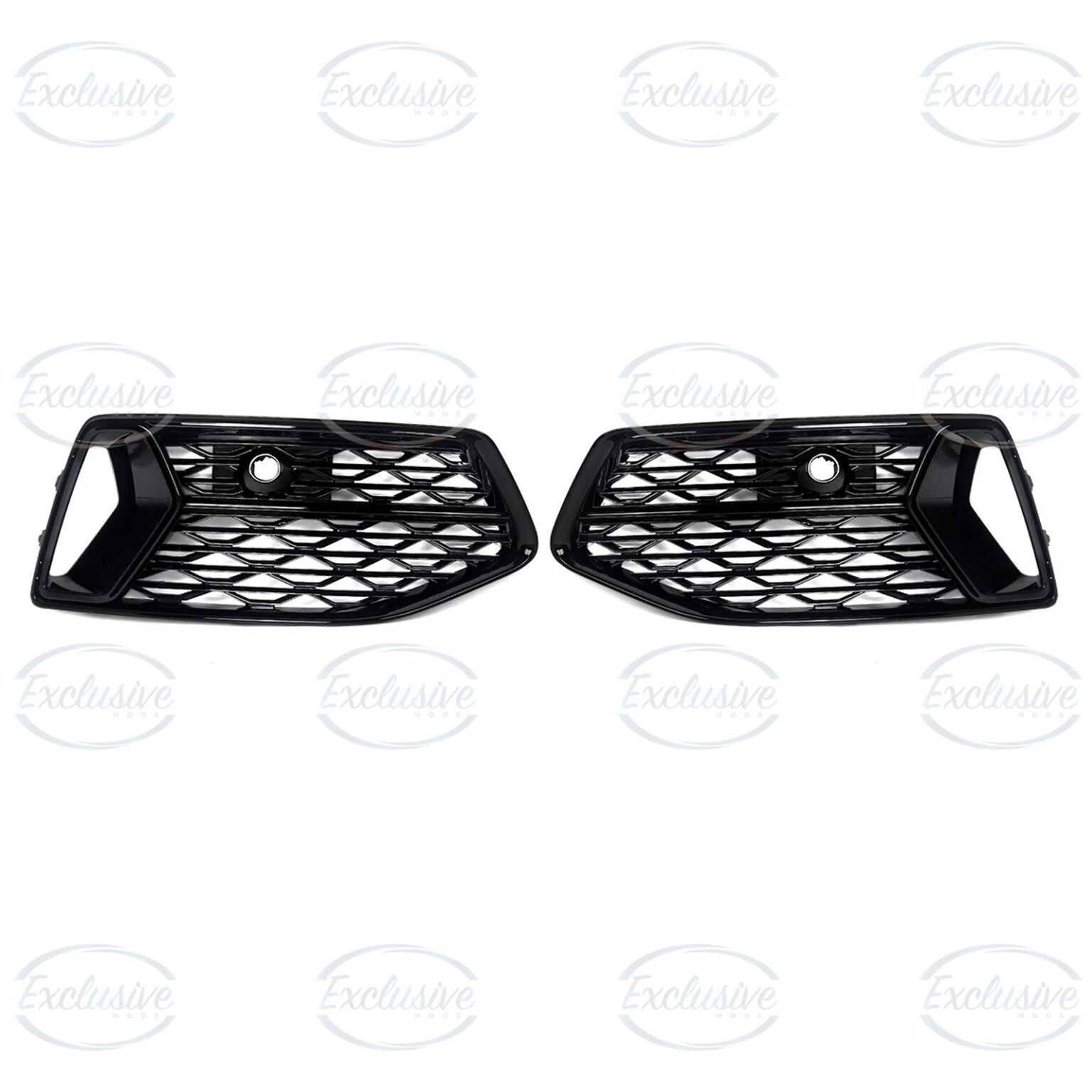 Pair of gloss black honeycomb fog light covers for the Audi A6 C8, front view