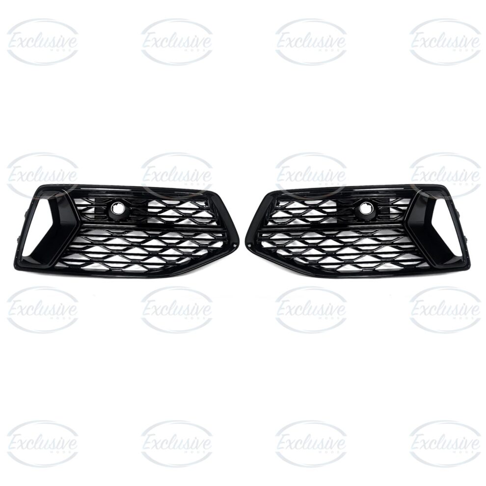Pair of gloss black honeycomb fog light covers for the Audi A6 C8, front view