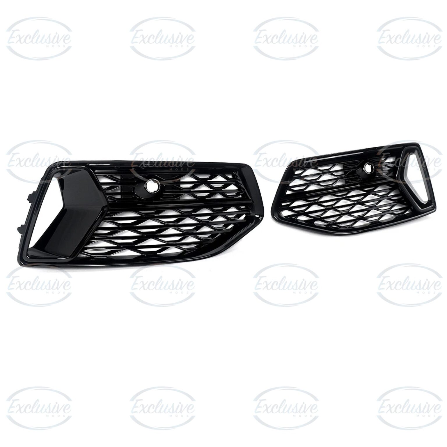 Audi A6 C8 gloss black fog light covers, angled view showing the honeycomb mesh