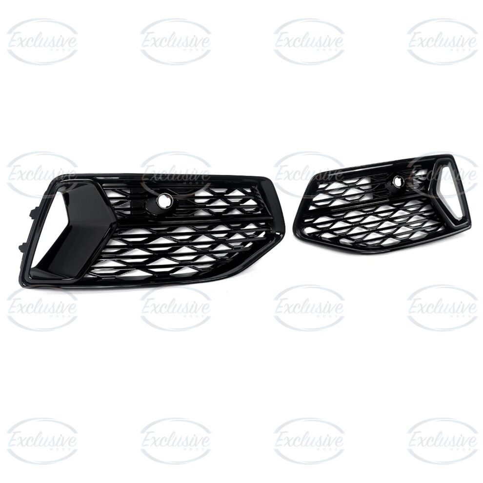 Audi A6 C8 gloss black fog light covers, angled view showing the honeycomb mesh