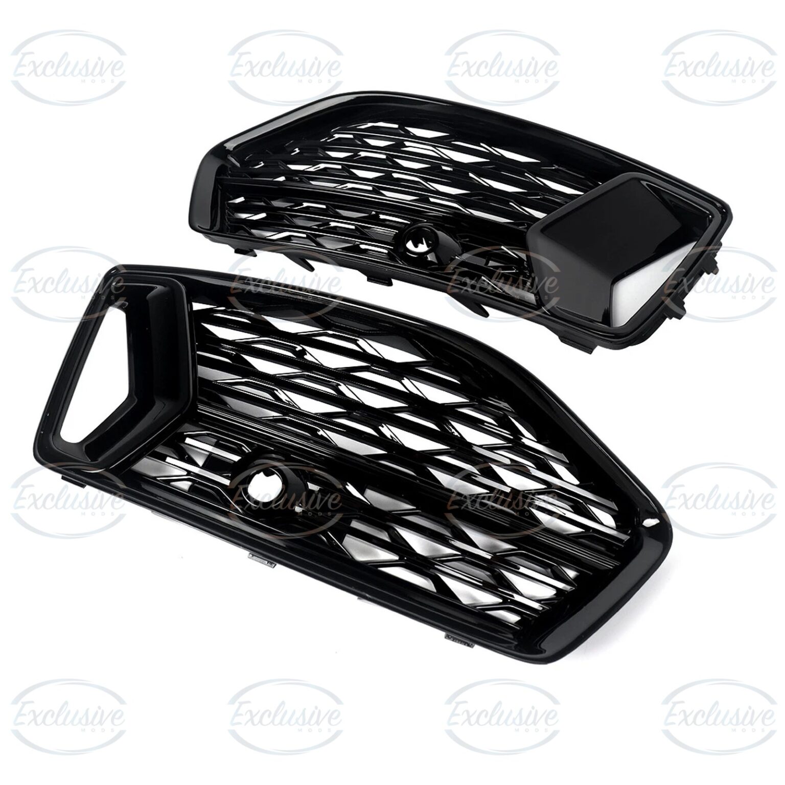 Audi A6 C8 gloss black honeycomb fog light covers, three quarter view showing depth