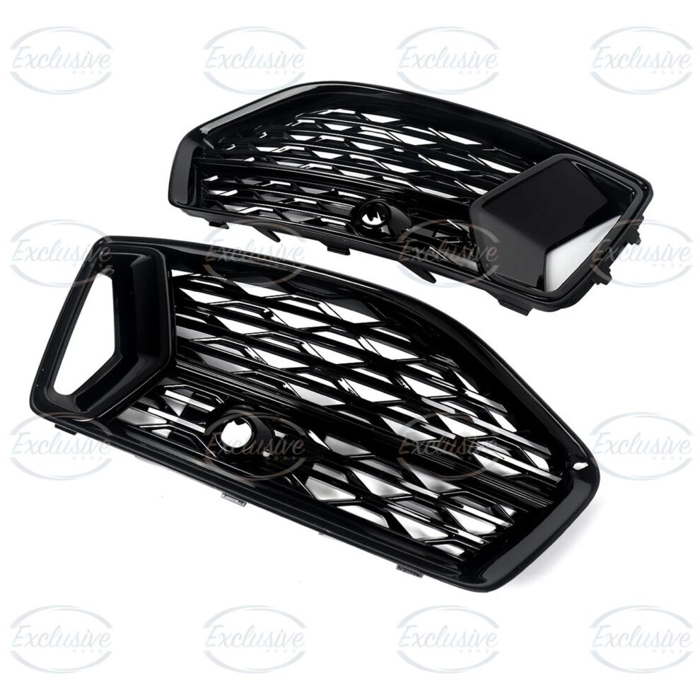 Audi A6 C8 gloss black honeycomb fog light covers, three quarter view showing depth