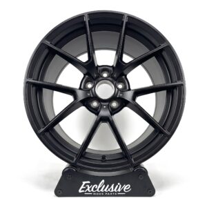 763M style alloy wheel in satin black on the Exclusive Mods Parts display stand, front view
