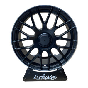 20 inch C63 AMG style alloy wheel in matt black on the Exclusive Mods Parts display stand, front view