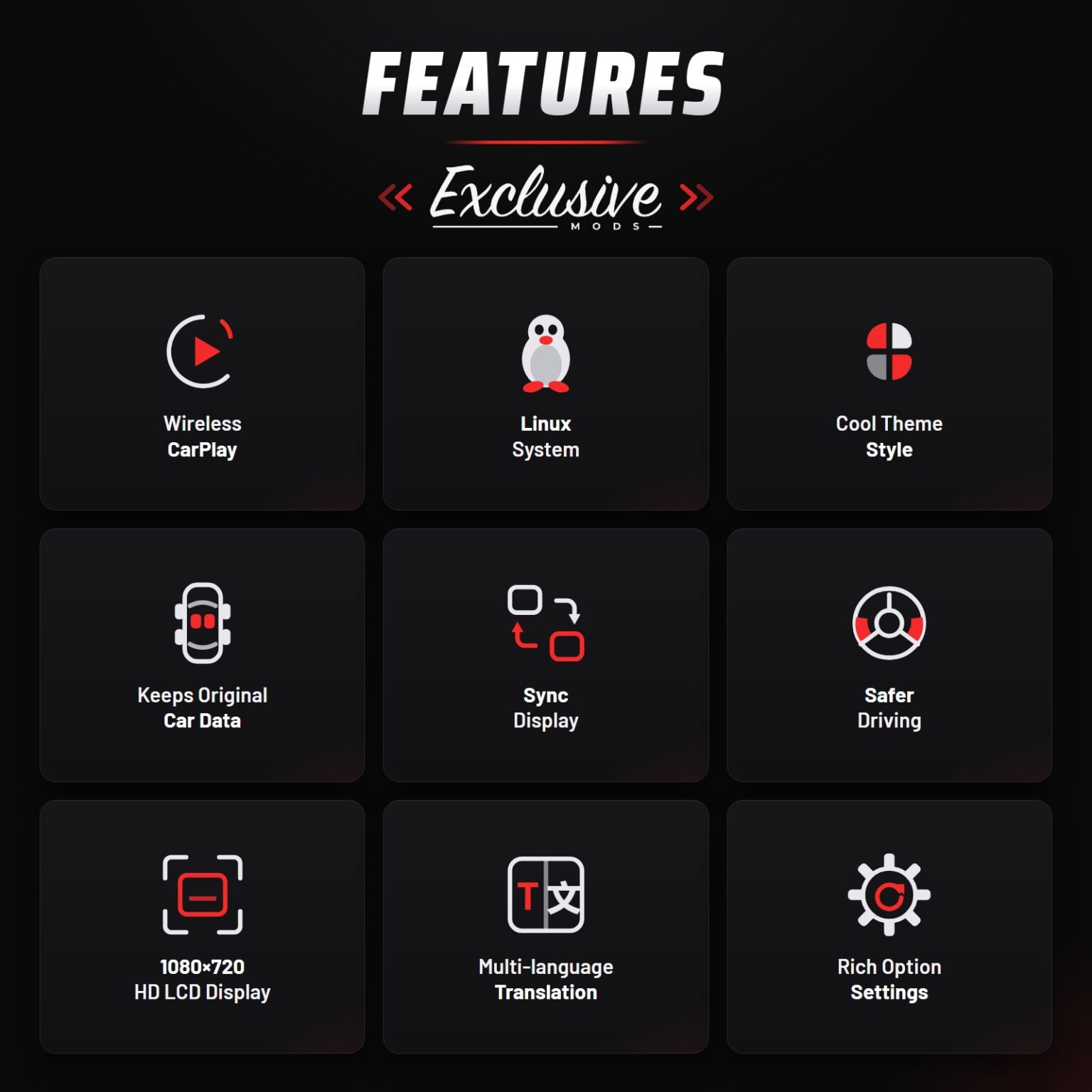 Features: 1080x720 HD LCD, wireless CarPlay, multiple themes, keeps original car data