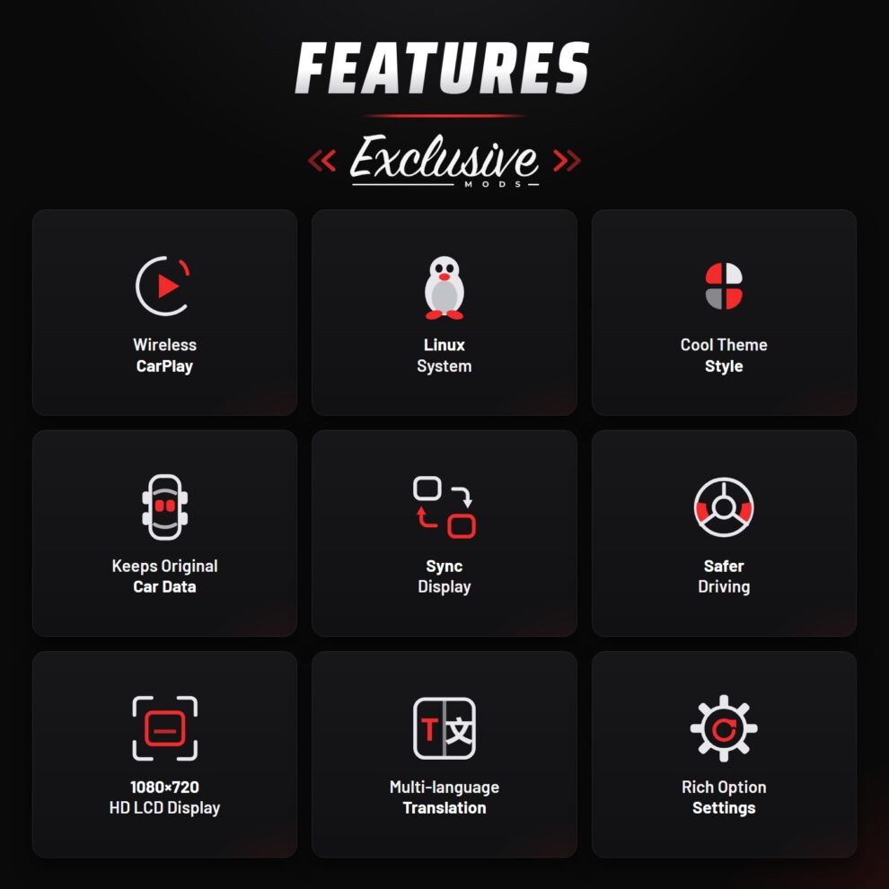 Features: 1080x720 HD LCD, wireless CarPlay, multiple themes, keeps original car data