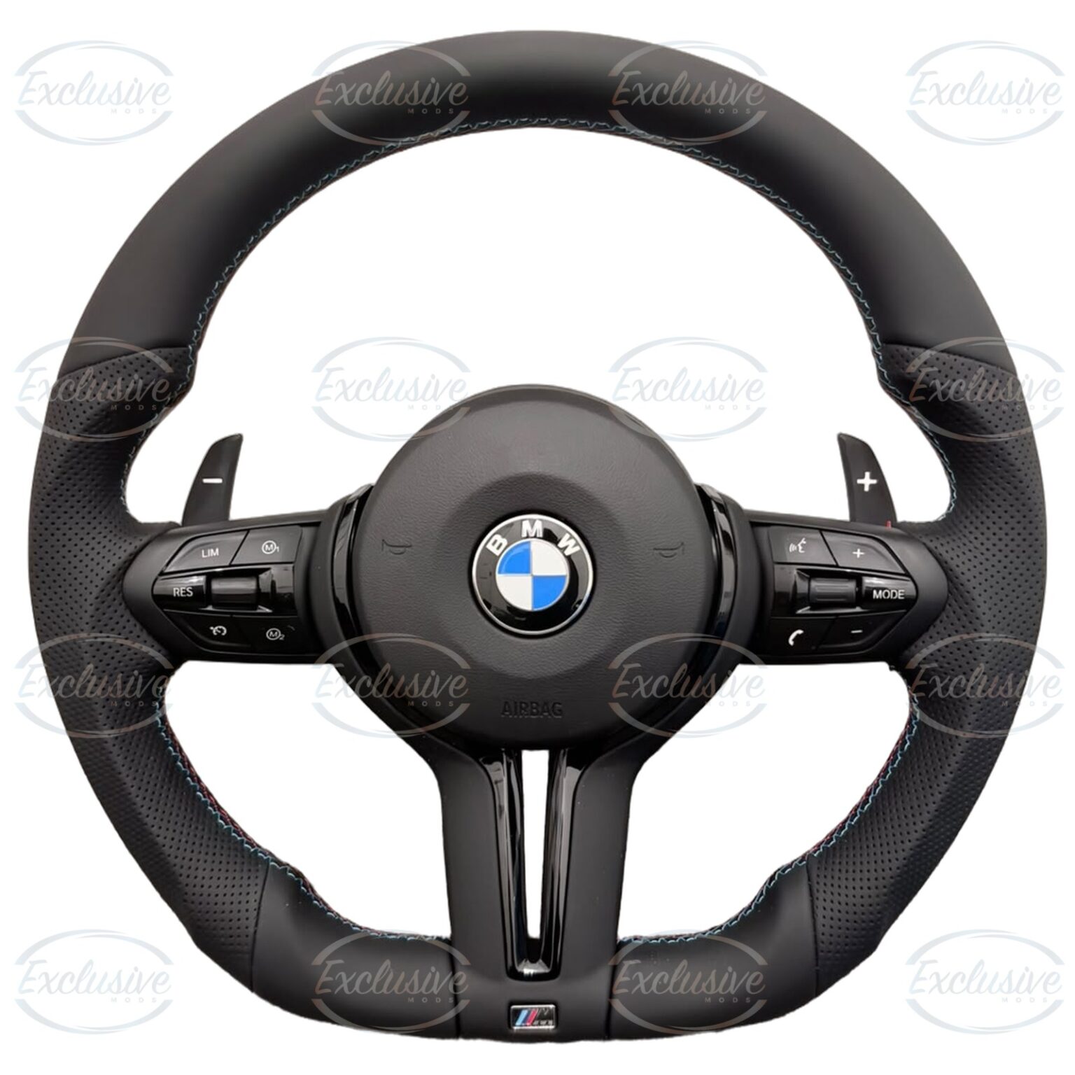 M Performance style flat bottom steering wheel with tri-colour stitching