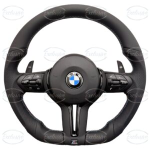 M Performance style flat bottom steering wheel with tri-colour stitching