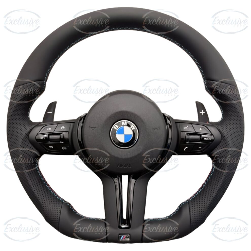 M Performance style flat bottom steering wheel with tri-colour stitching