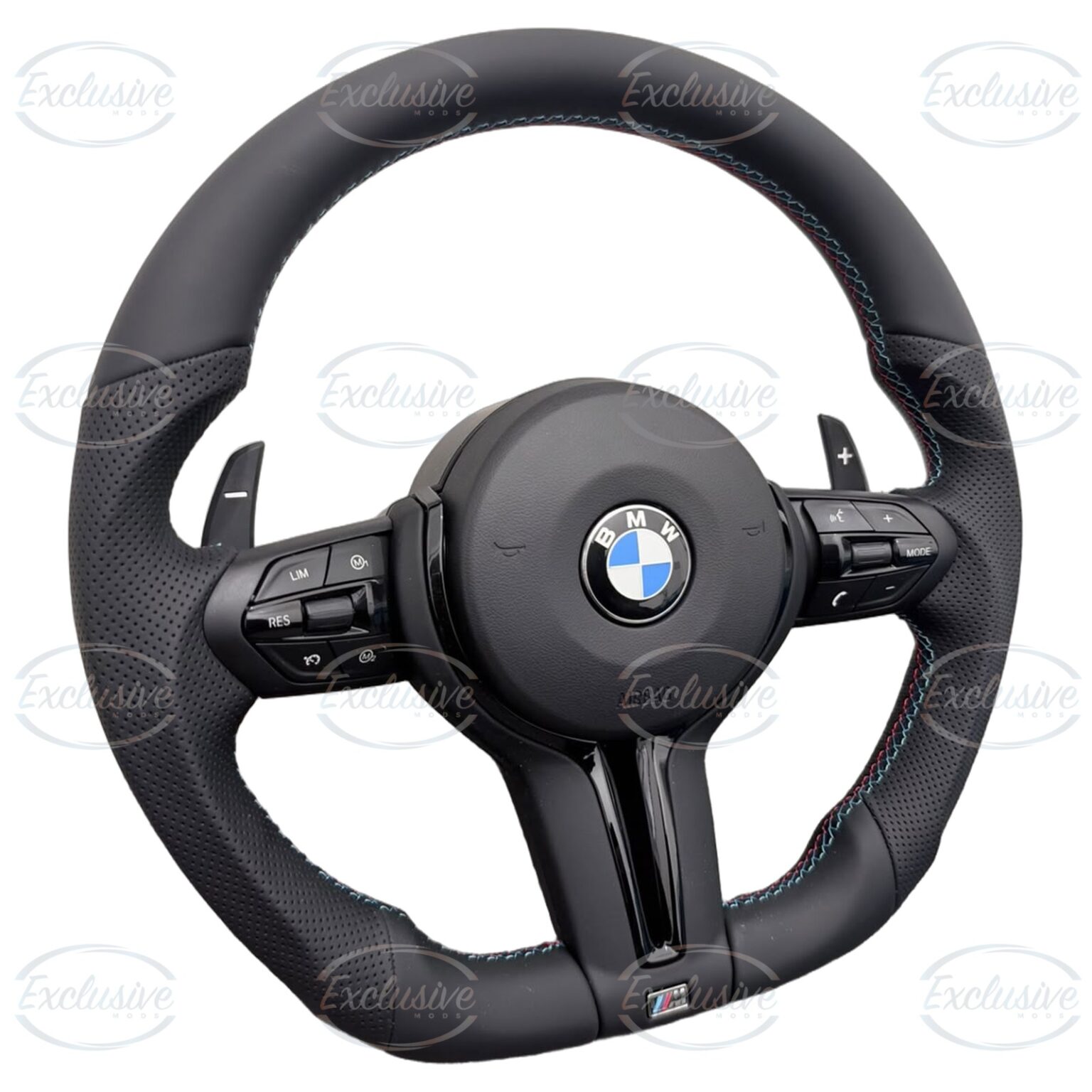 M Performance style flat bottom steering wheel with tri-colour stitching