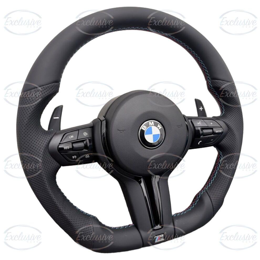 M Performance style flat bottom steering wheel with tri-colour stitching