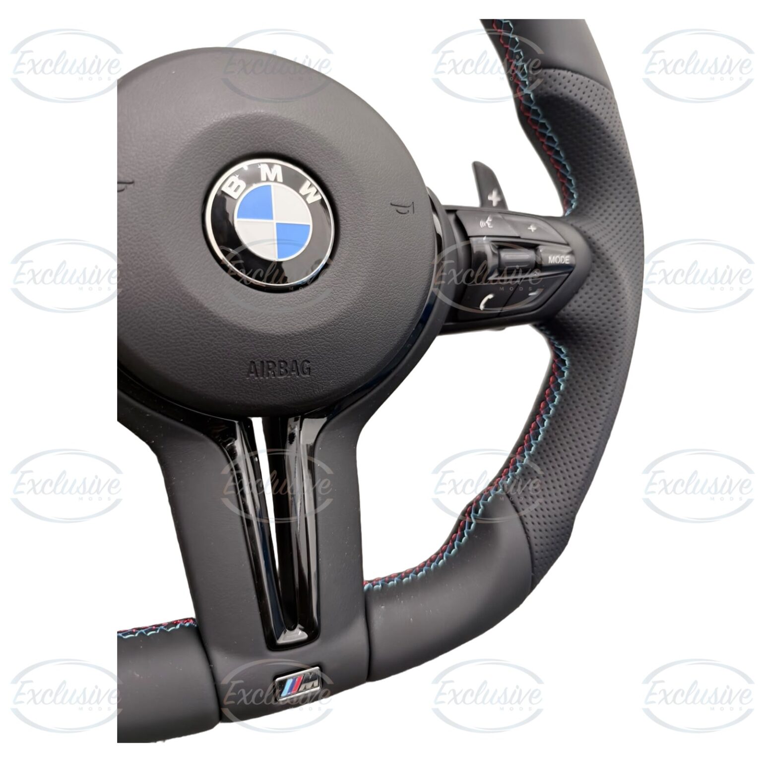 M Performance style flat bottom steering wheel with tri-colour stitching