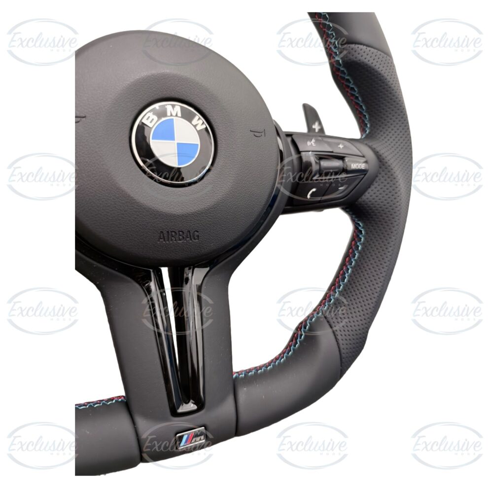 M Performance style flat bottom steering wheel with tri-colour stitching