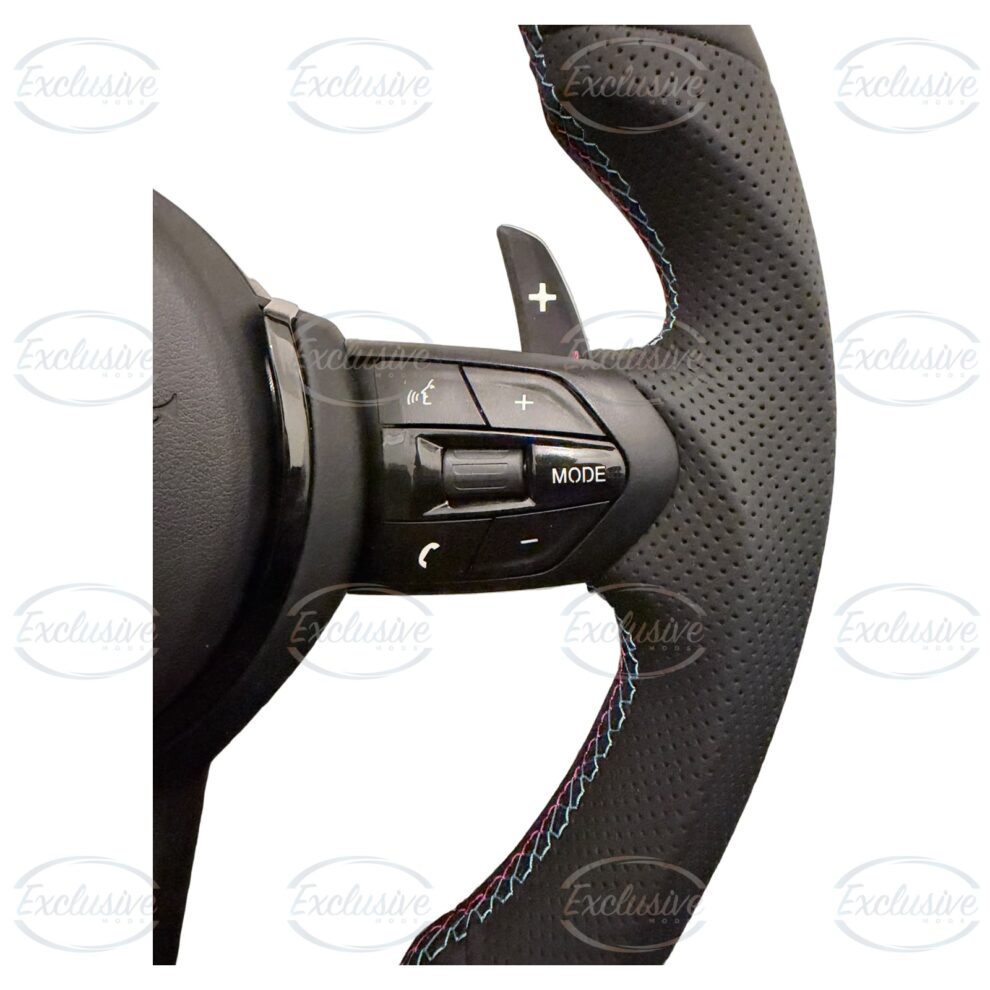 M Performance style flat bottom steering wheel with tri-colour stitching