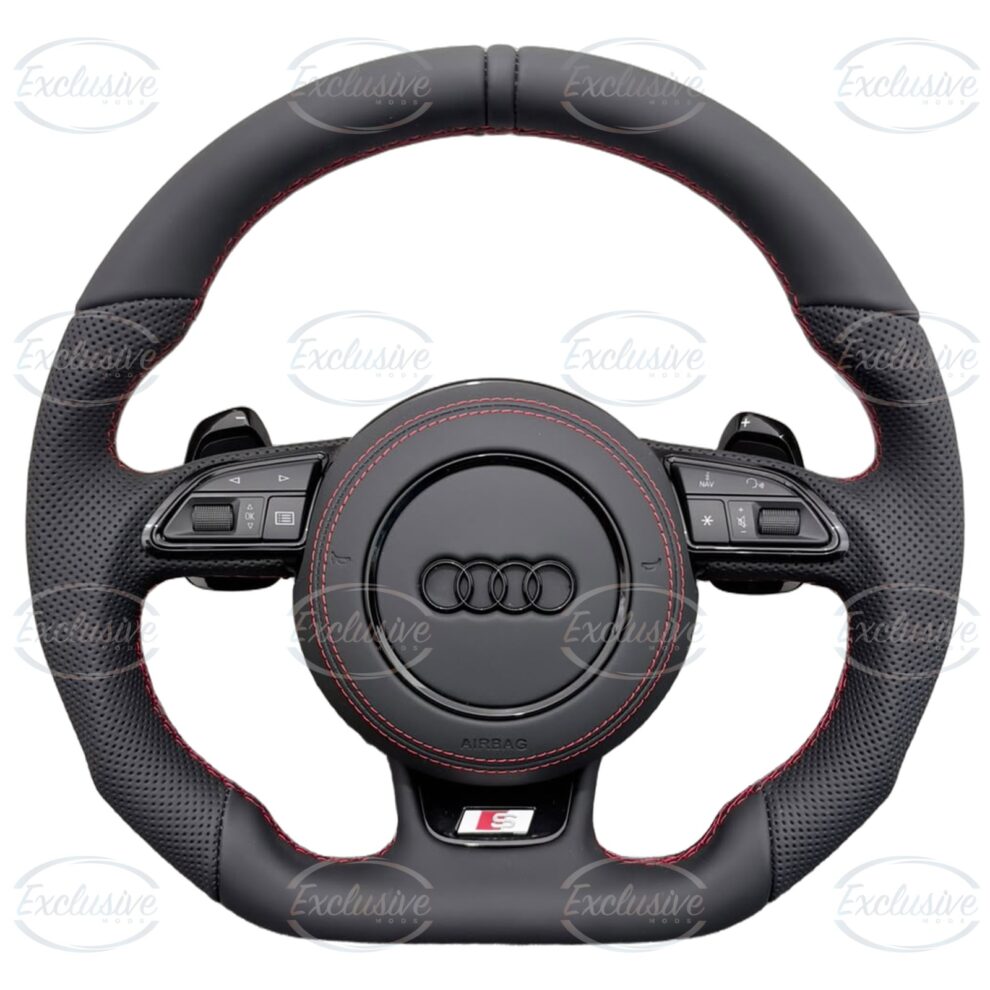 S-Line style flat bottom steering wheel with red stitching