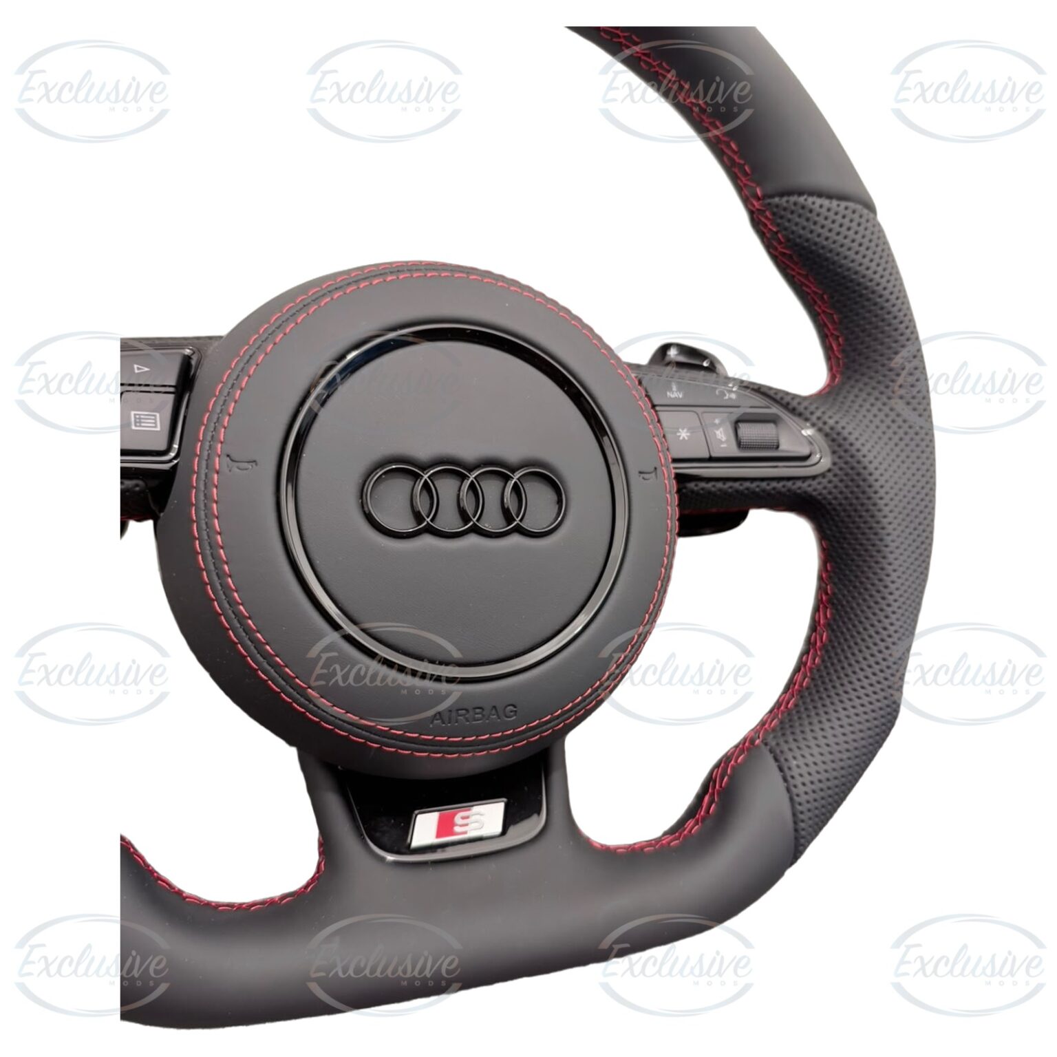 S-Line style flat bottom steering wheel with red stitching